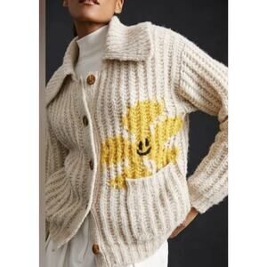 ANTHROPOLOGIE | PILCRO Cheerful Smiley Face Flower wool Cardigan Size 1X
